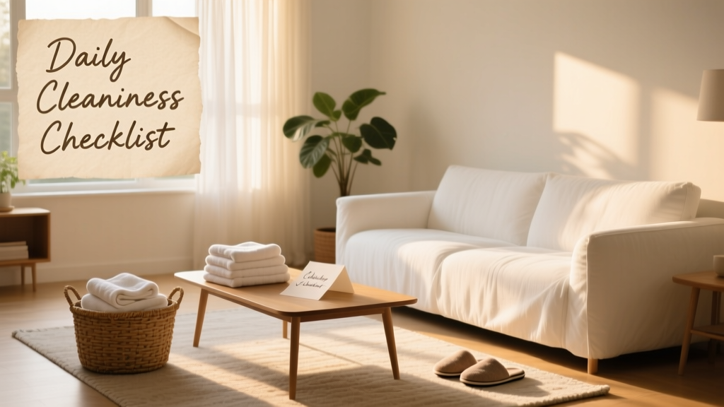 A tidy living room with fresh linens, neatly folded towels, and a welcoming note on the coffee table