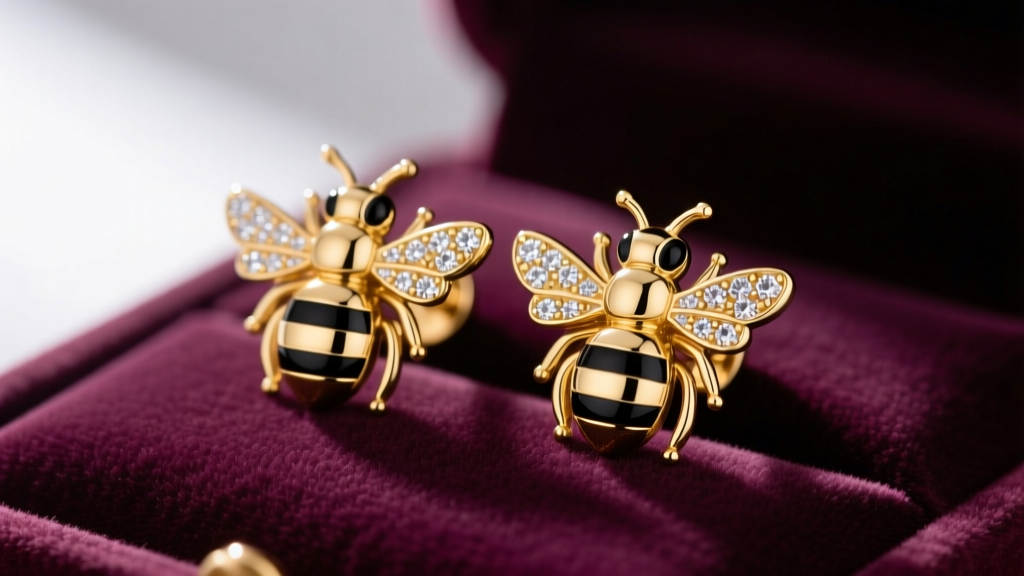 Close-up of 18k gold bumble bee stud earrings with black enamel stripes and micro-pave diamond wings resting on soft velvet.