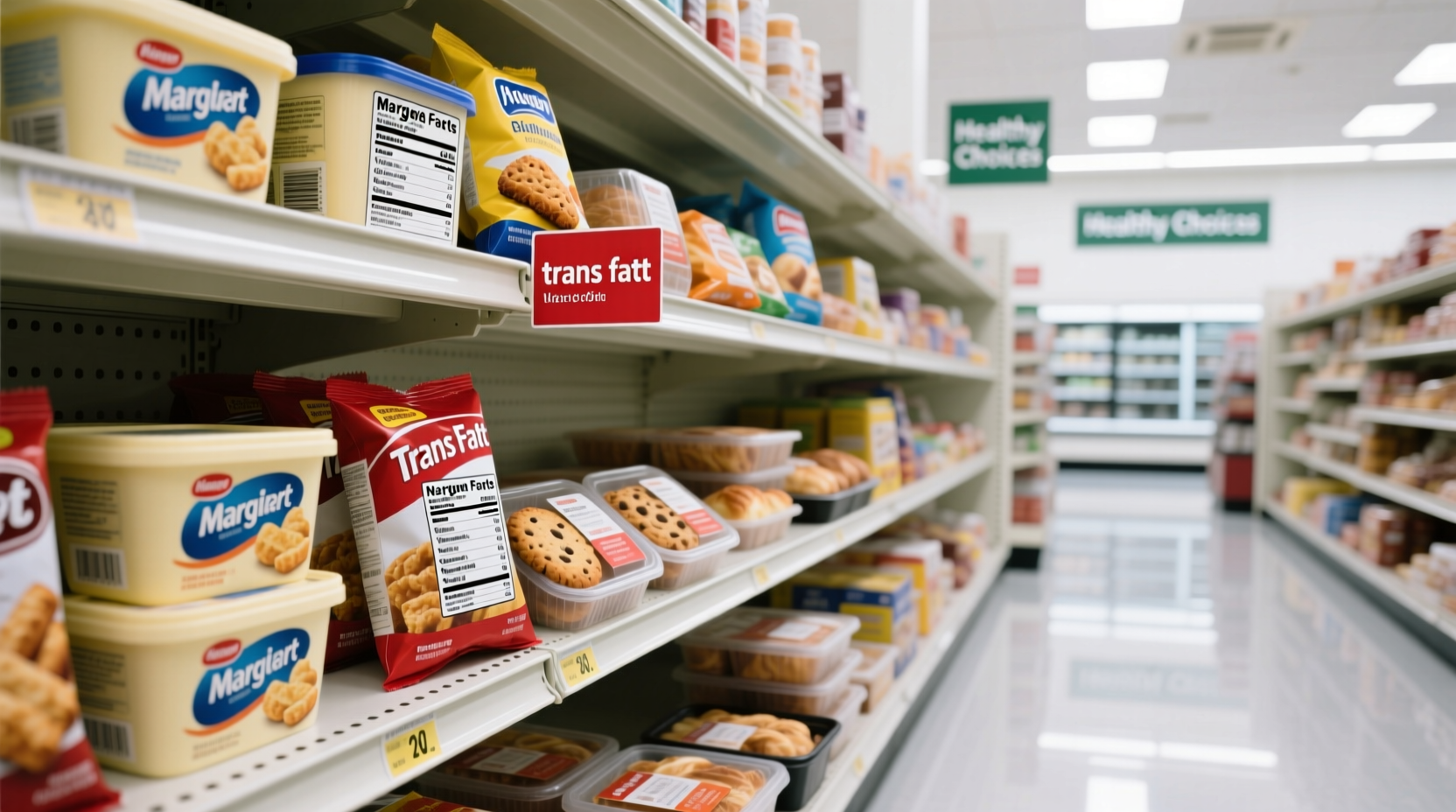 Food products containing trans fats on grocery shelf