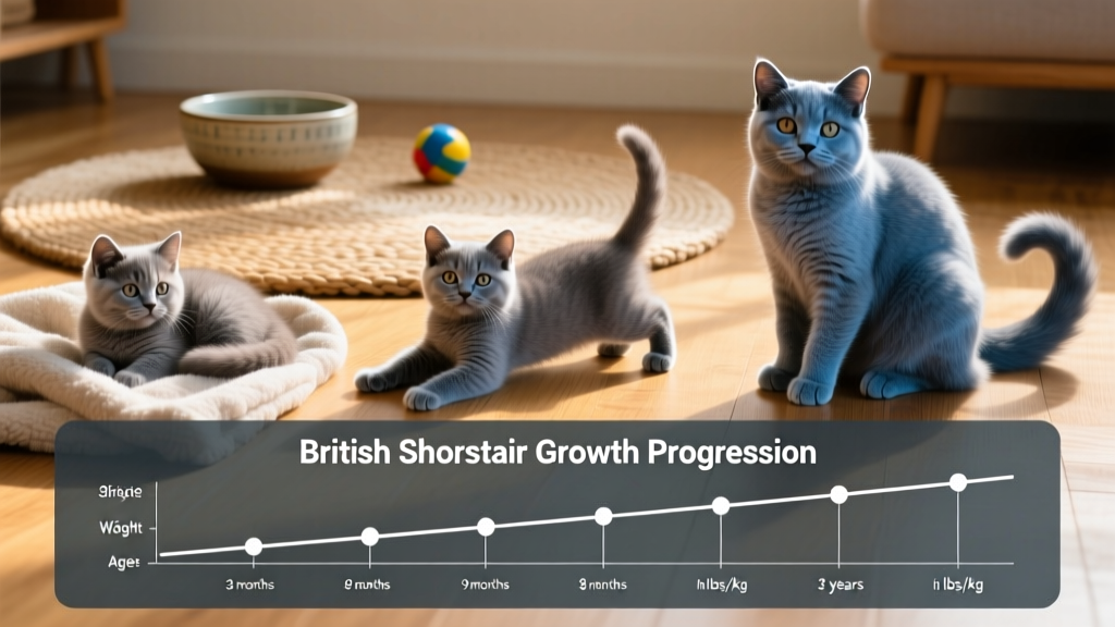 Side-by-side comparison showing a British Shorthair kitten, adolescent, and adult to illustrate proportional growth