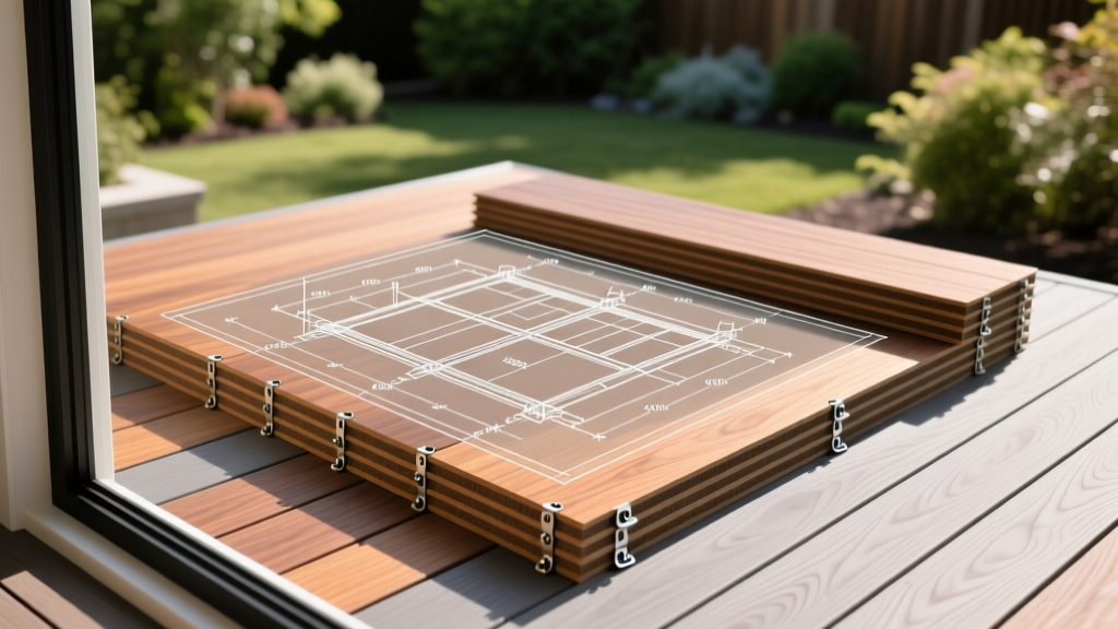 Blueprint overlaid on a framed backyard deck with stacked Trex Transcend composite boards and hidden fastener clips
