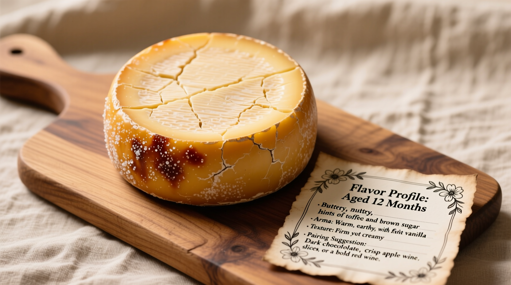 Gouda cheese wheel with tasting notes chart