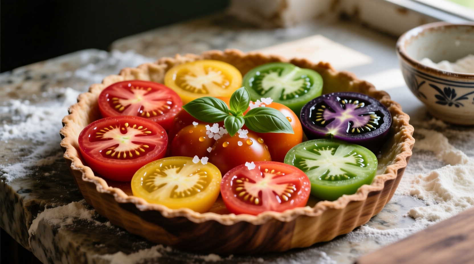 Colorful heirloom tomato varieties arranged for tart preparation
