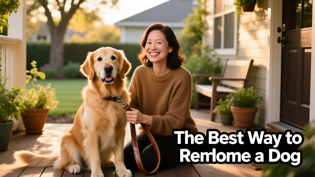 A calm, friendly dog sitting beside a smiling person holding a leash