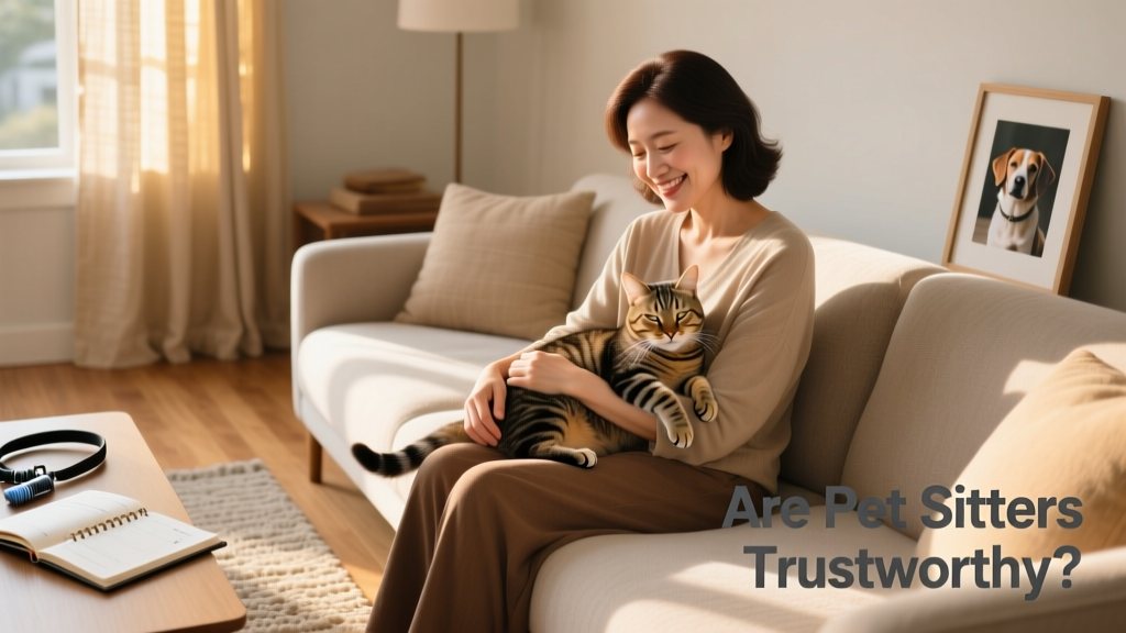 A calm, smiling person gently holding a relaxed cat on a sunlit living room sofa