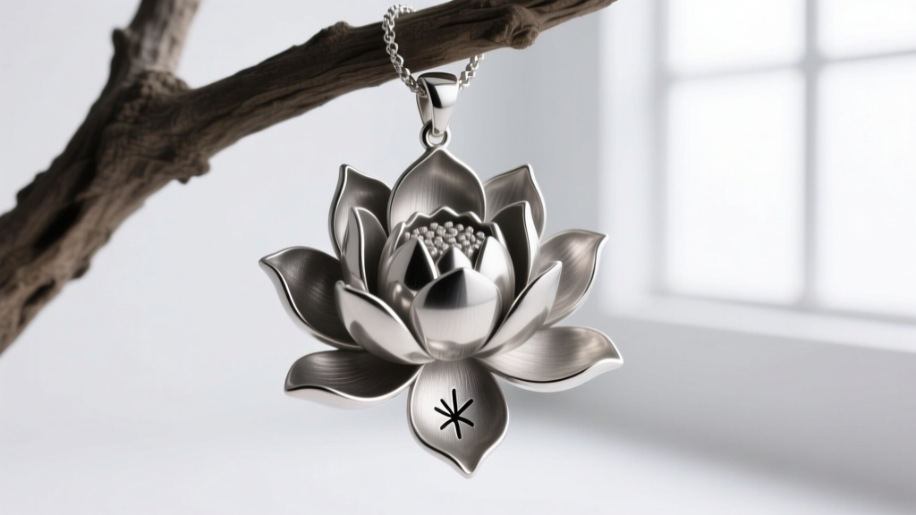 Raw sterling silver lotus pendant on a casting tree, highlighting the sprue mark, matte metal surface, and deep petal crevices.
