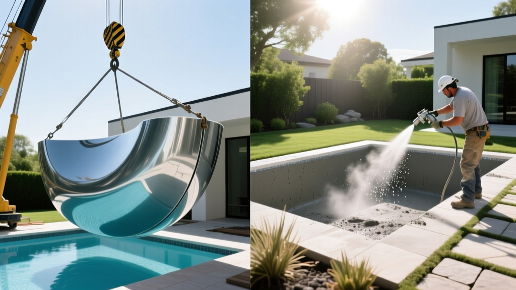 Split-screen backyard showing a sleek fiberglass pool shell being craned into place left and gunite pool being sprayed right