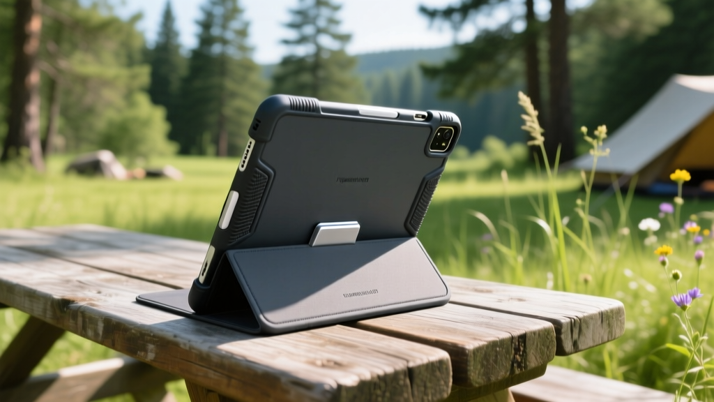 Close-up of a rugged, water-resistant tablet case with a built-in kickstand deployed on a wooden picnic table at a lush, green campsite.
