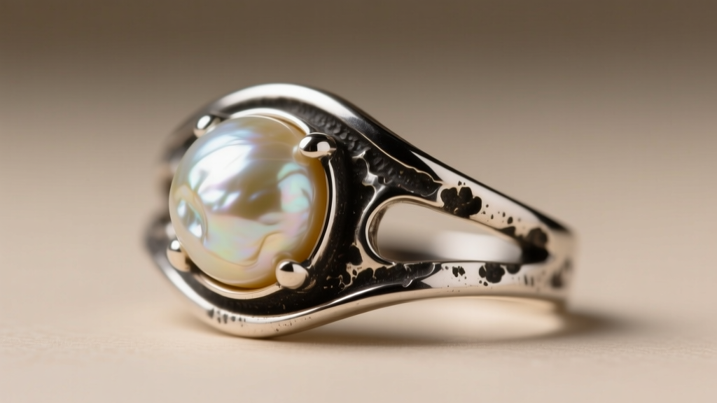 Oxidized sterling silver ear cuff with raw baroque pearl, showing dark patina in crevices and bright silver on high points