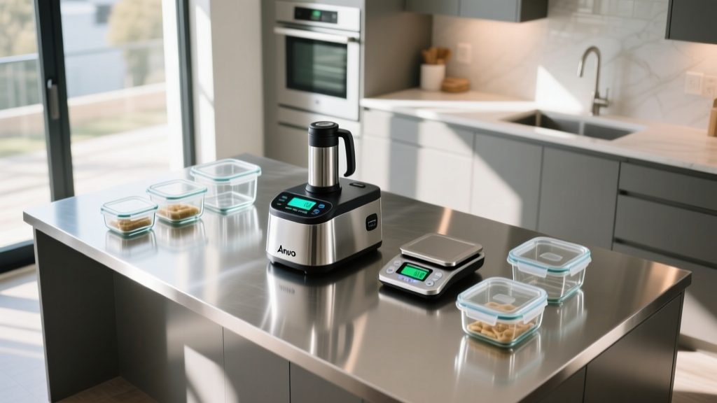Overhead view of stainless steel kitchen island organized with Anova vacuum sealer, digital food scale, and glass meal prep containers