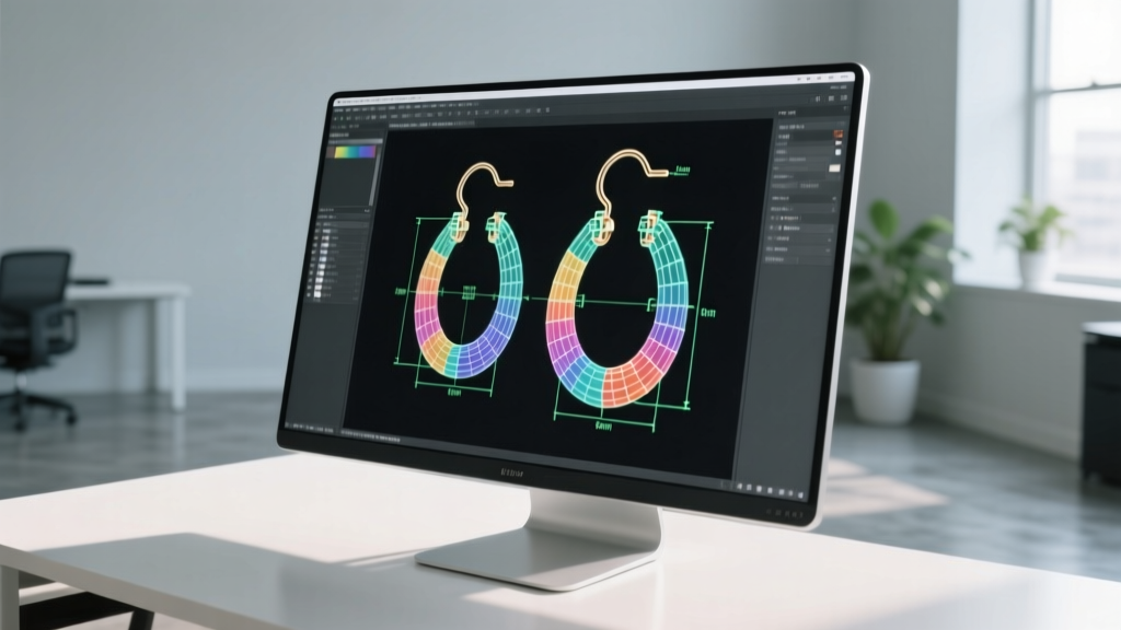 Digital CAD screen displaying a 3D wireframe hoop earrings drawing with precise millimeter dimension lines and hinge callouts.
