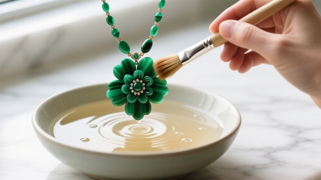 Hands gently brushing a vintage green malachite flower necklace with a soft brush over a ceramic bowl of mild soapy warm water.