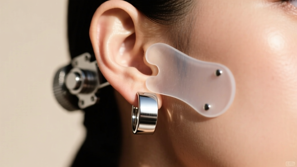 Earlobe wearing a heavy cylindrical earring, supported from behind by a clear silicone patch and a sturdy metal earring backing.