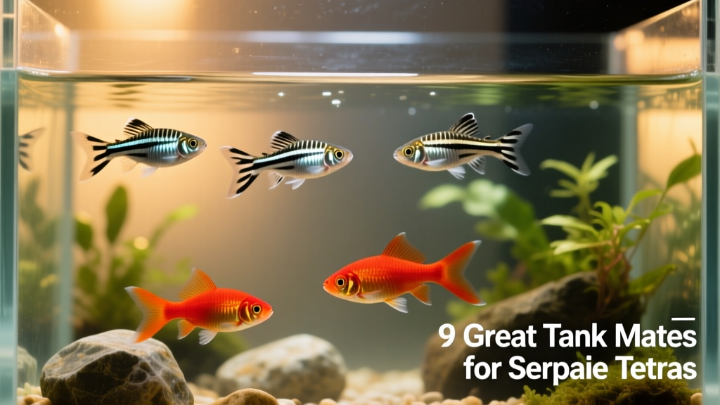 Zebra danios darting near the surface while Serpae tetras cruise mid-water in a clear, filtered aquarium