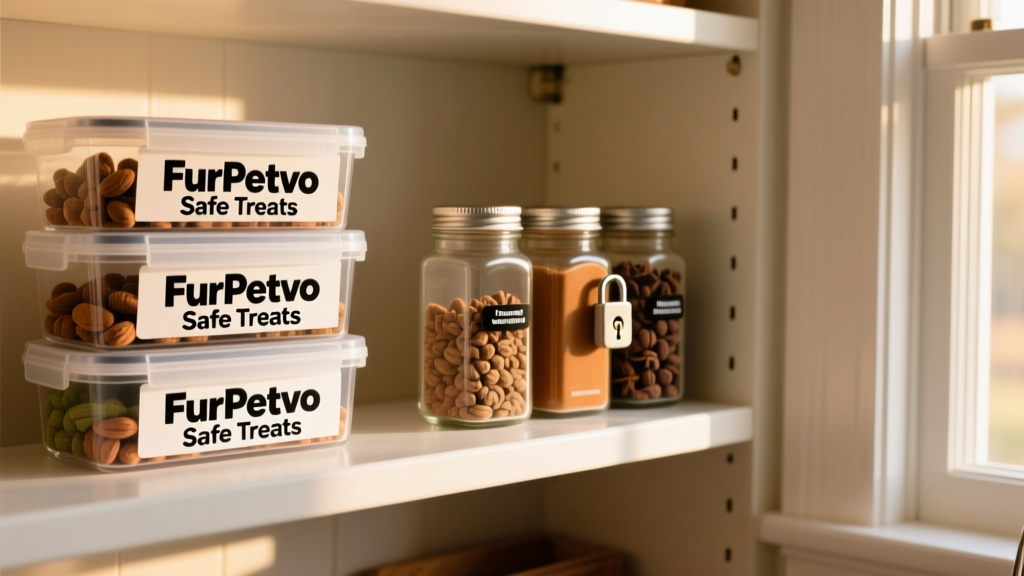 A neatly organized kitchen shelf with labeled dog-safe treats from FurPetVo next to sealed spice jars stored safely out of reach