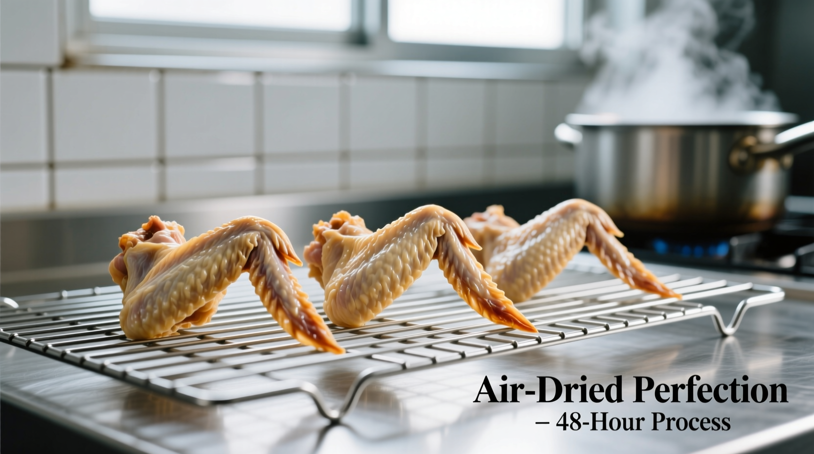 Properly dried chicken wings on wire rack