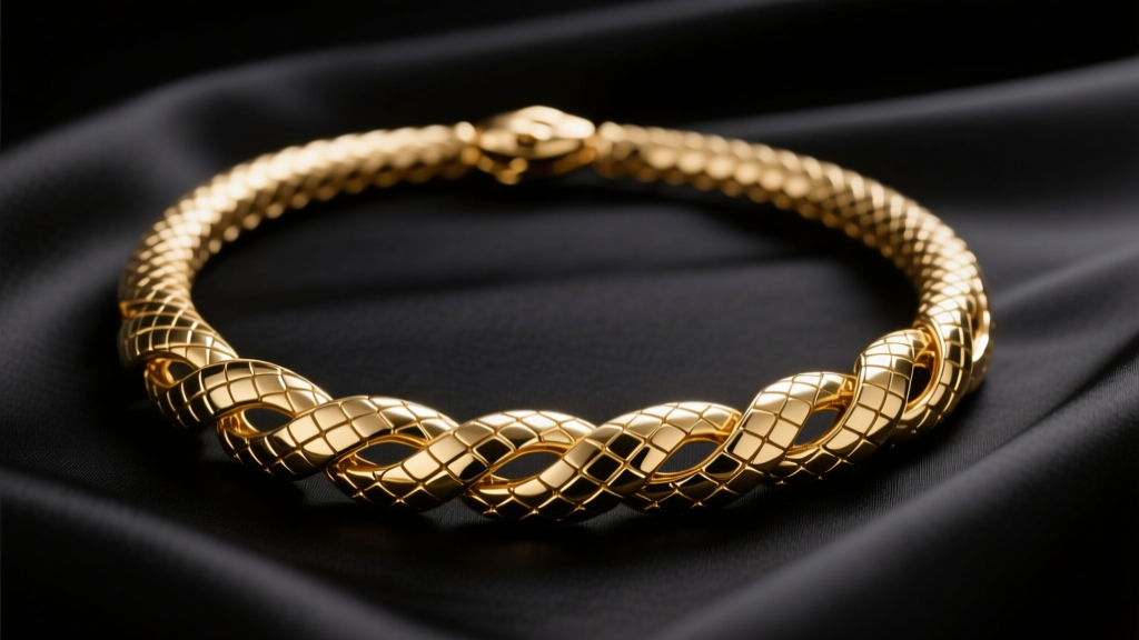 Close-up of 18k gold Elsa Peretti snake necklace resting on black silk, showing interlocking scale links and warm metallic luster.