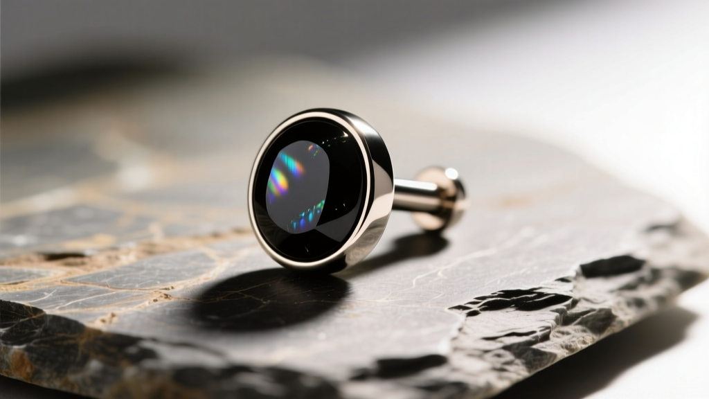 Macro shot of an 18-gauge titanium flat back labret with black onyx resting on textured slate in bright natural light