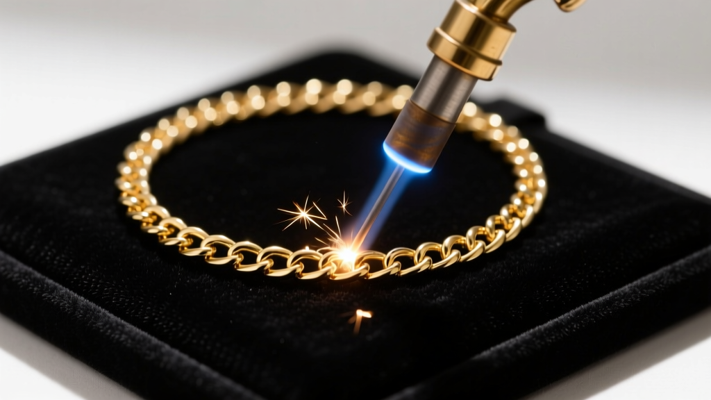 14k gold salt chain welded by a pulse arc welder, showing a tiny spark and argon nozzle against a dark velvet jewelry bench mat.