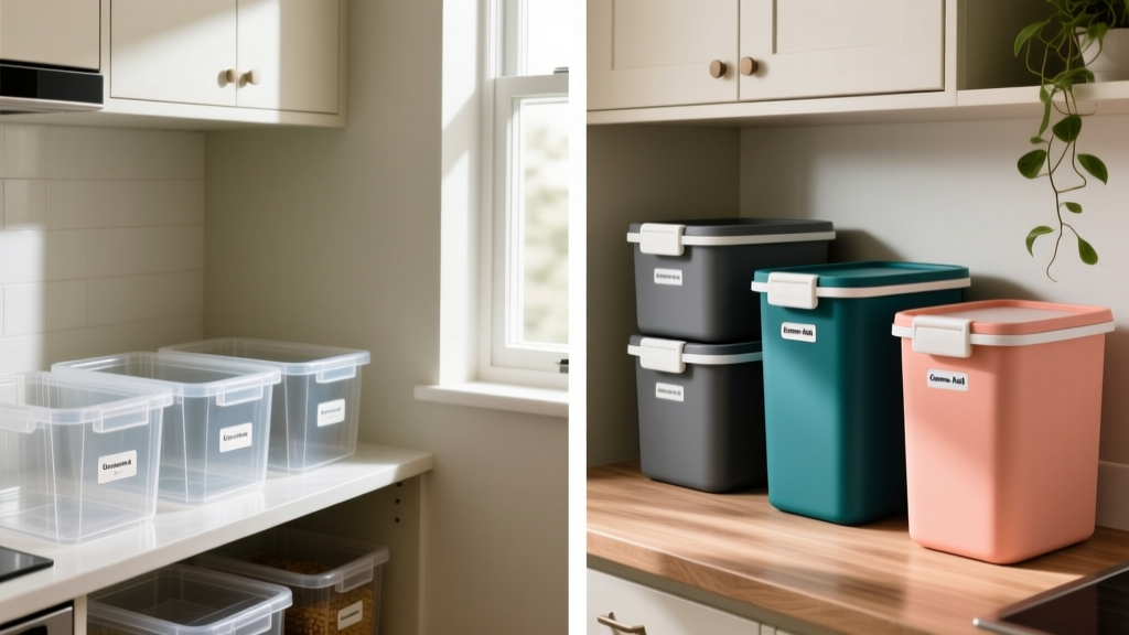 Split kitchen pantry showing basic clear plastic bins on left and advanced modular airtight gamma-seal buckets on right