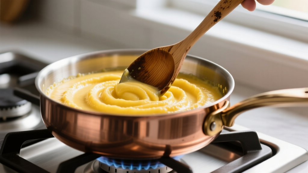 Close-up of a copper stainless-lined saucier on a gas stove, with a wooden spoon stirring thick, golden yellow cornmeal polenta