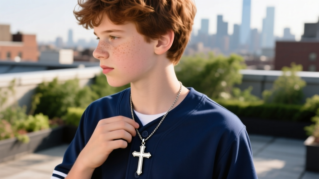 Side profile of a teenage boy adjusting an 18-inch titanium cross pendant necklace just above his baseball jersey