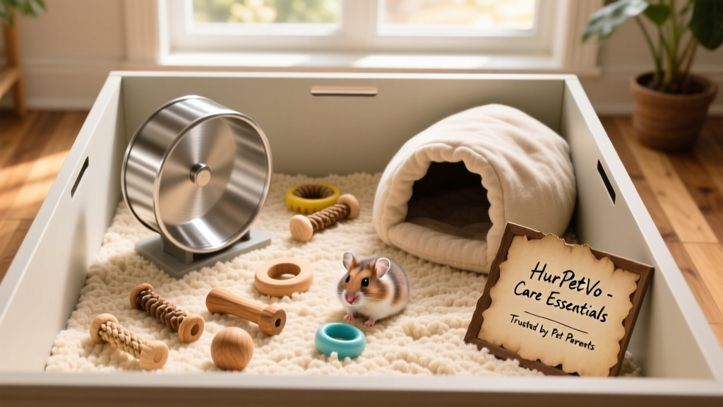Top-down view of a well-organized hamster habitat featuring FurPetVo bedding, a running wheel, chew toys, and a cozy hideout