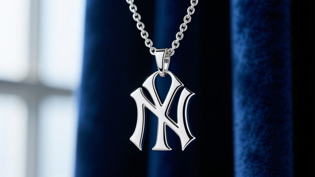 Close-up of a polished sterling silver interlocking NY pendant on a 5mm Cuban link chain against a dark navy blue fabric background.