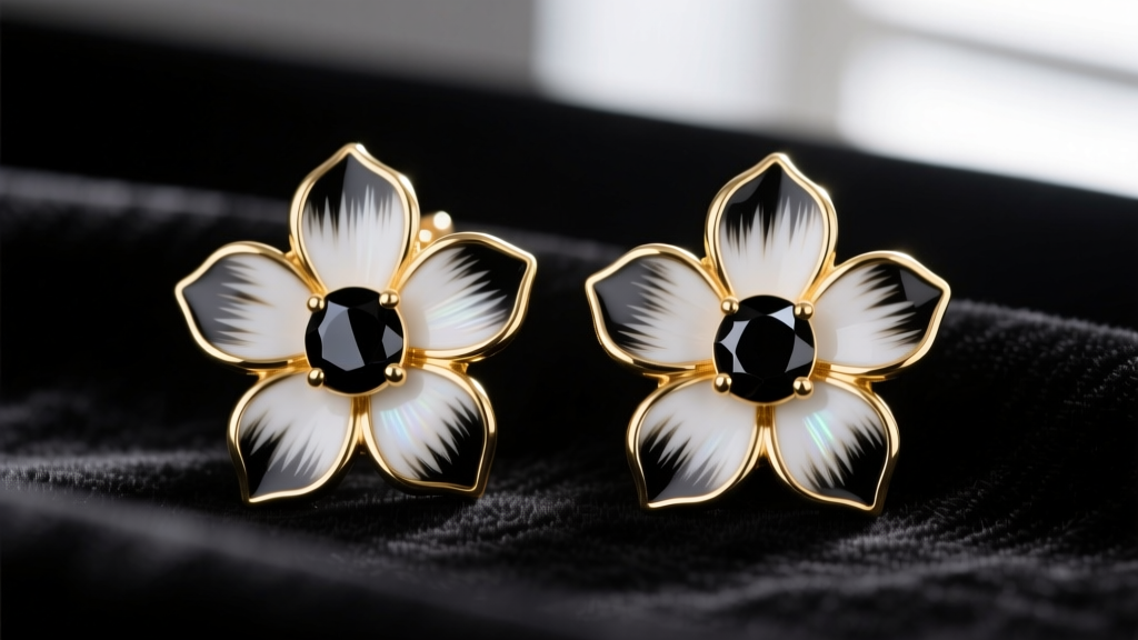 Macro shot of 18k gold black and white flower earrings with vitreous enamel petals and black onyx center on dark velvet