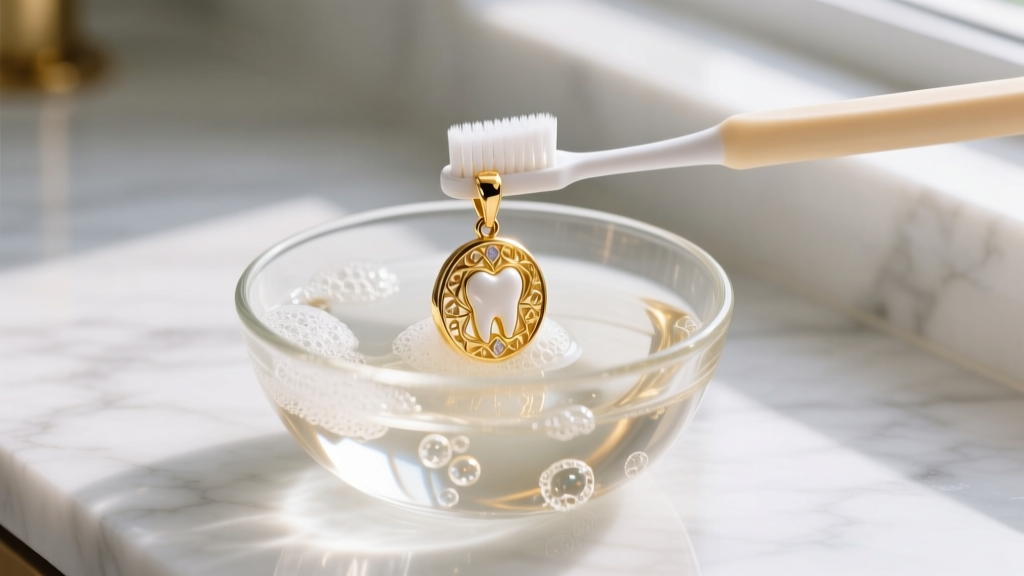 Soft baby toothbrush cleaning an 18k gold pendant in a shallow glass bowl of warm soapy water on a clean white marble countertop.