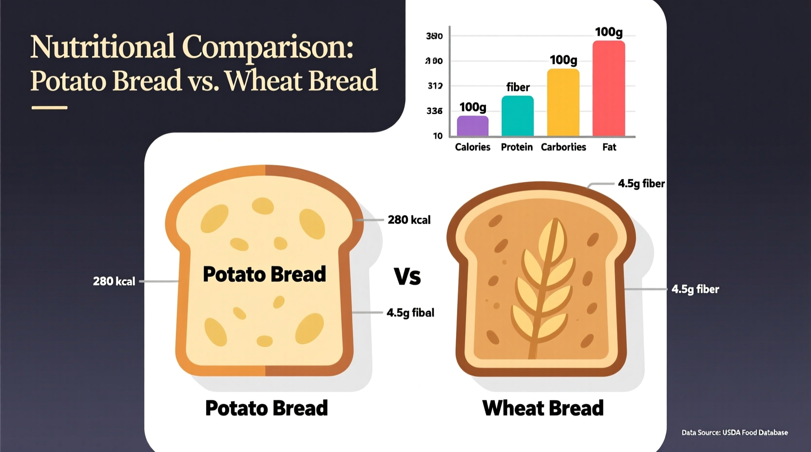 Nutritional comparison of potato bread versus regular wheat bread slices