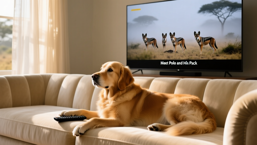 A golden retriever lying contentedly on a plush sofa beside a remote control and a wildlife documentary playing on TV