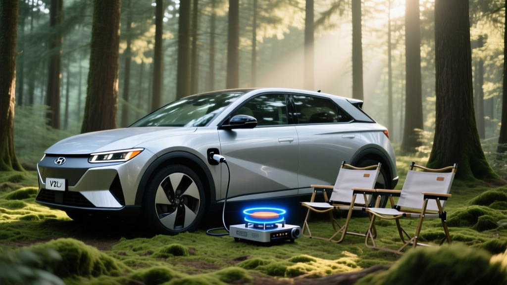 Silver Hyundai Ioniq 5 parked in a dense pine forest with a V2L adapter plugged in, powering a portable induction cooktop and camping chairs.