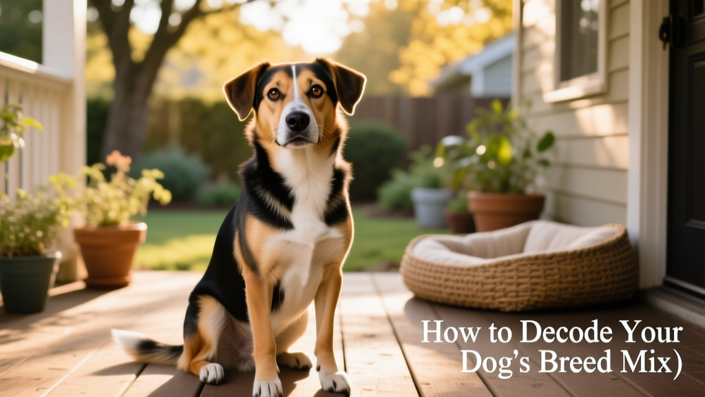 A curious mixed-breed dog sitting attentively, looking at the camera with expressive eyes