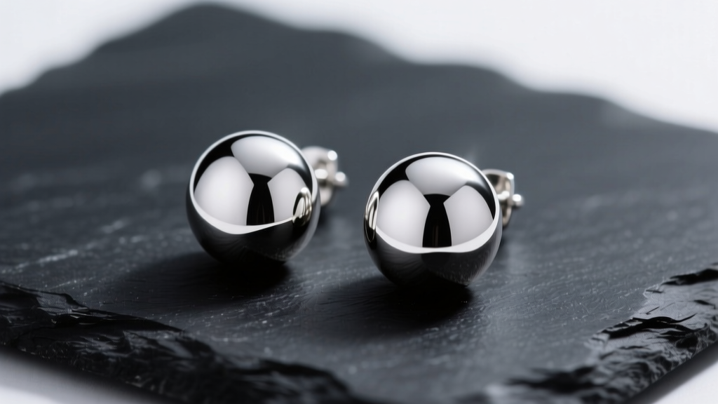 Macro photography of highly polished 12mm sterling silver dome earrings resting on dark slate, reflecting soft studio lighting