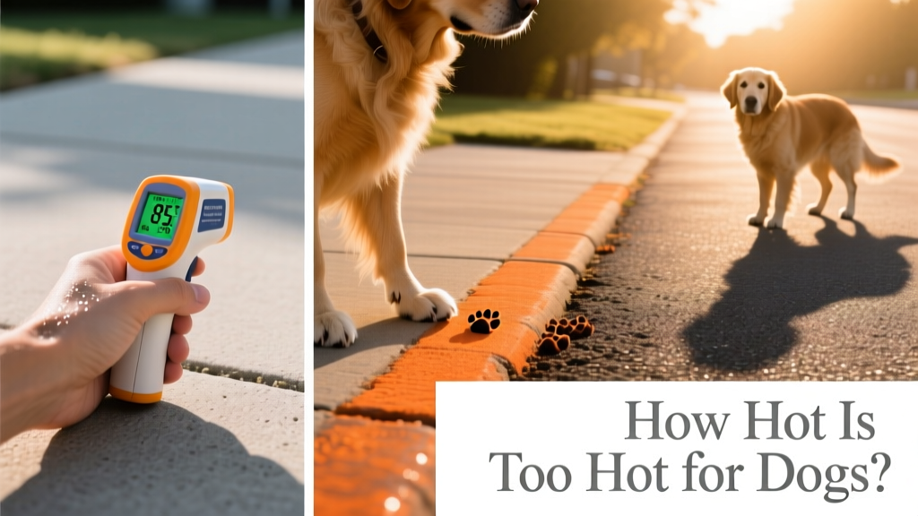 Side-by-side comparison showing safe vs. unsafe pavement temperatures for dog paws, with a hand testing surface heat