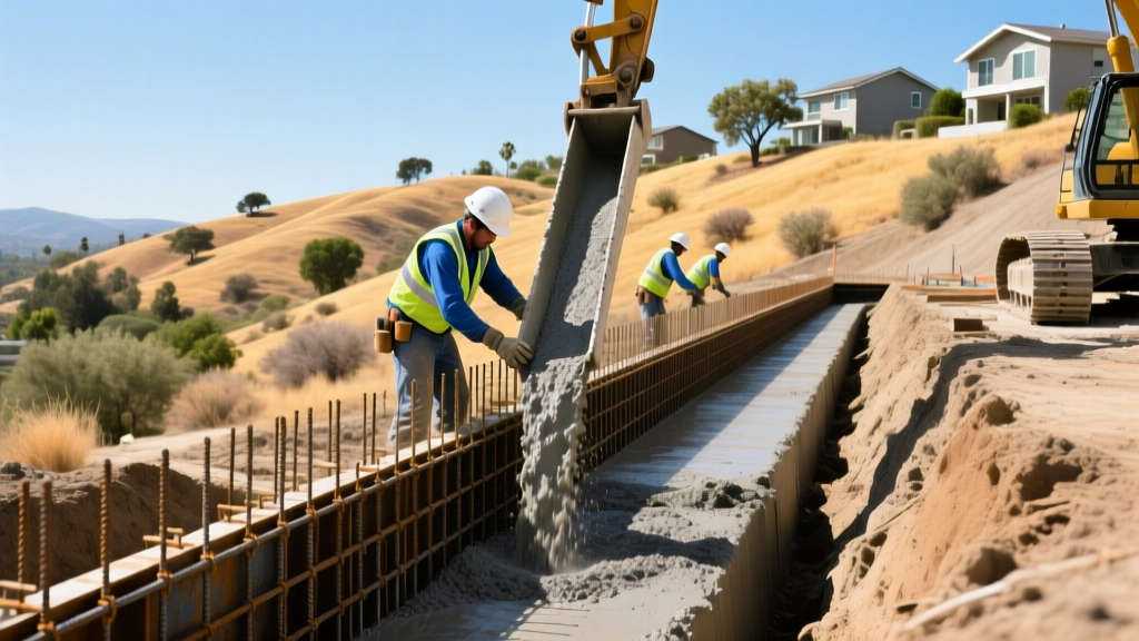 Construction workers pouring high-strength concrete into a heavily reinforced seismic grade beam foundation trench in a sunny Los Angeles hillside residential build
