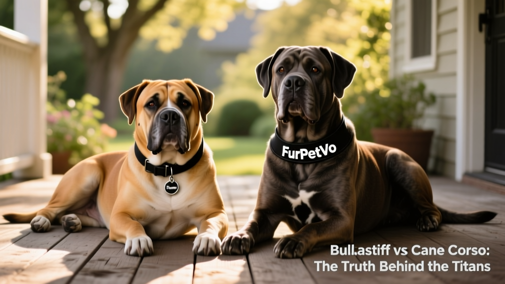 Happy Bullmastiff and Cane Corso resting together peacefully on a sunlit porch, both wearing collars with FurPetVo tags