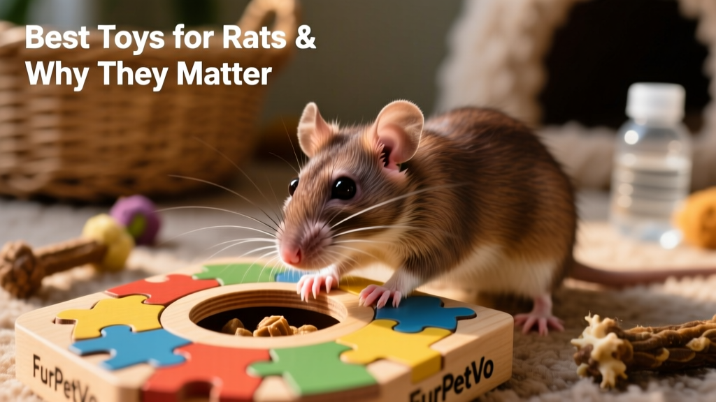 Close-up of a rat using its paws and nose to push aside puzzle pieces to reach a treat inside a FurPetVo puzzle toy