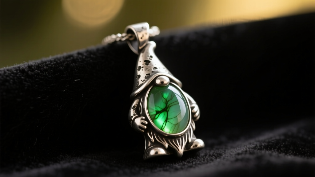 Close-up of an oxidized sterling silver gnome pendant with moss agate inlay resting on dark velvet, moody cottagecore lighting