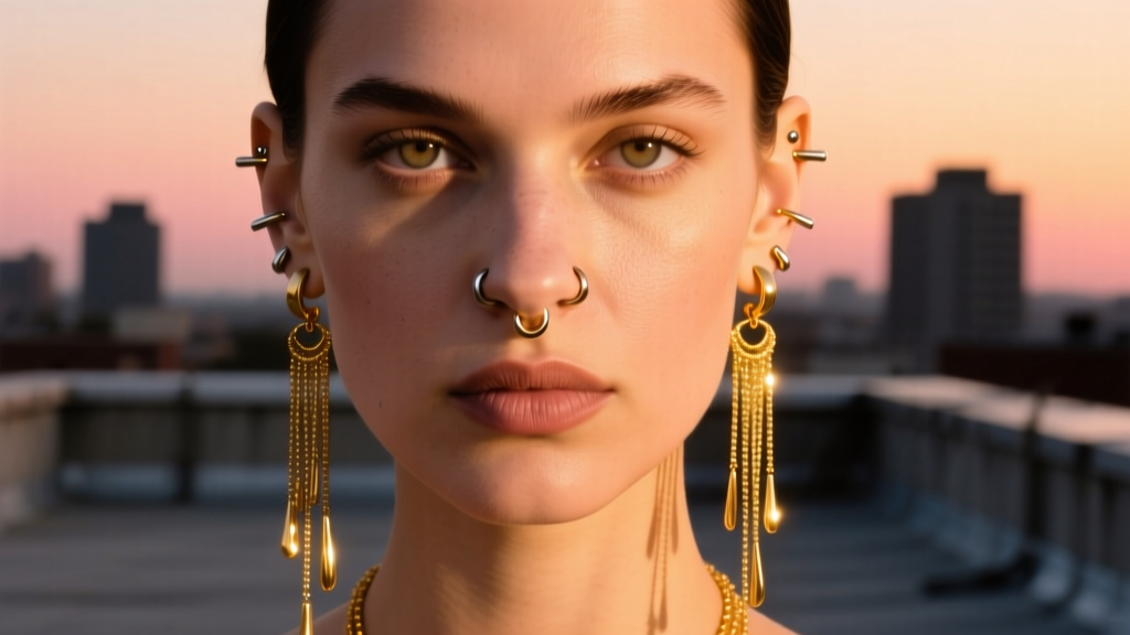 Profile of a woman with multiple piercings showcasing cascading gold threader earrings of varying lengths, warm golden hour lighting