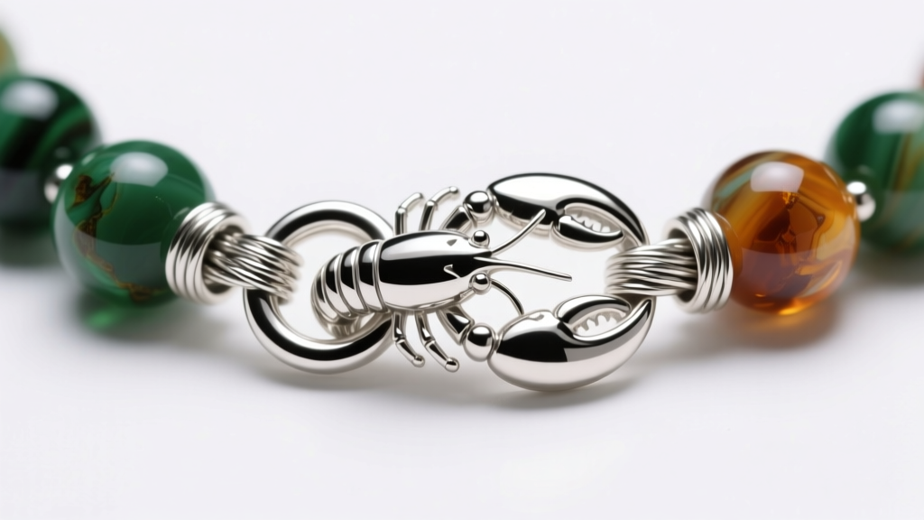 Macro view of sterling silver lobster clasp and 49-strand steel wire crimp on a high-end jasper necklace, bright studio lighting