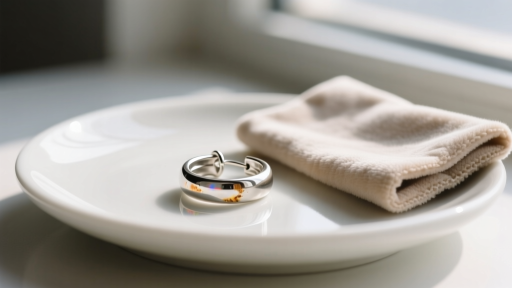 Tarnished 925 sterling silver huggie hoop earring resting on a white ceramic dish beside a soft microfiber jewelry polishing cloth.