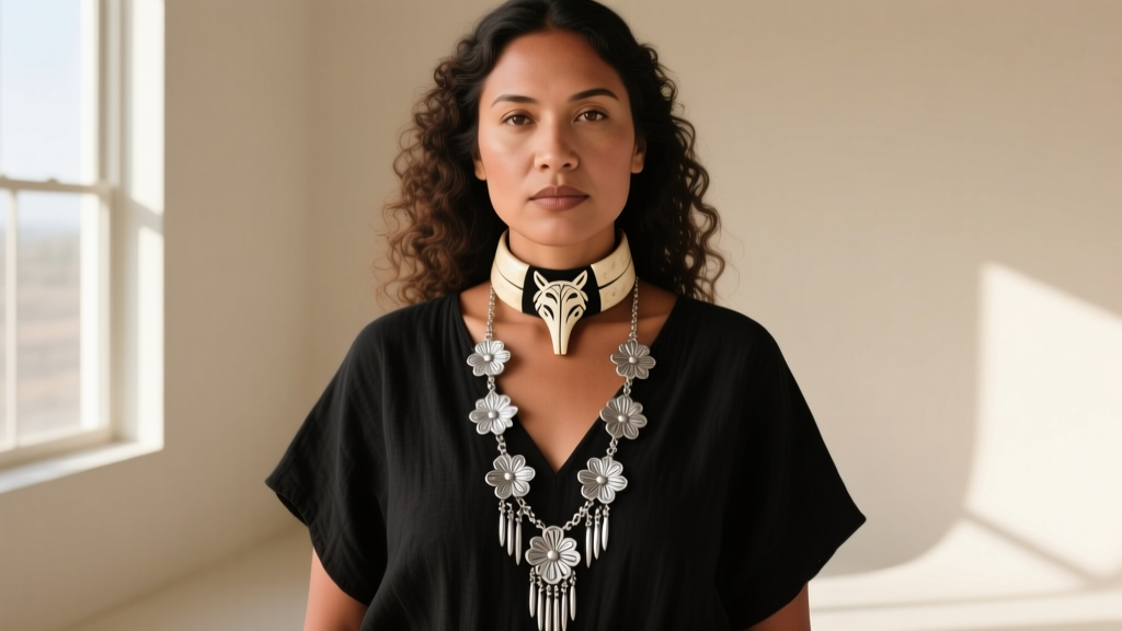 Woman wearing a Native American bone choker and long sterling silver squash blossom necklace over a plain black linen V-neck top.