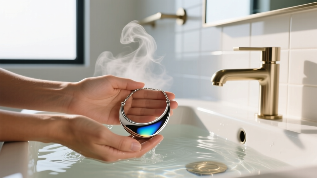 Hands testing a silver mood necklace under warm water to observe the thermochromic shift in bright, natural bathroom light.