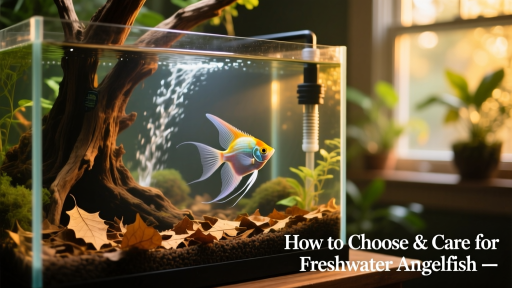 An angelfish aquarium setup featuring vertical driftwood, leaf litter on the substrate, and gentle water flow from a canister filter spray bar