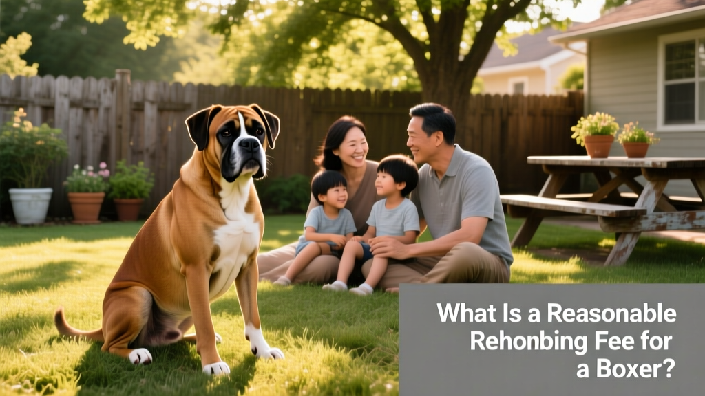 A gentle, well-groomed adult Boxer sitting calmly beside a family in a sunlit backyard