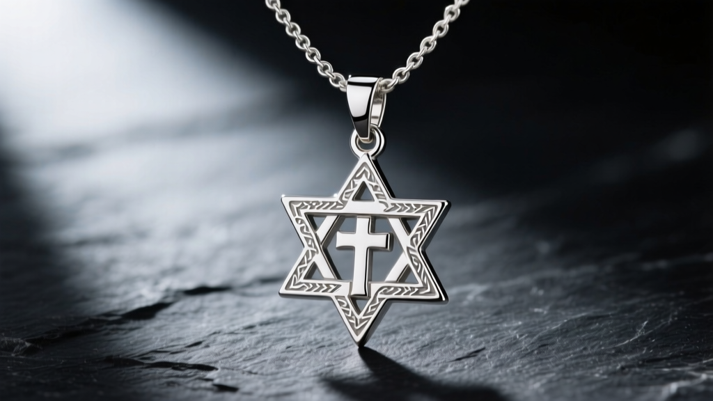 Close-up of a 925 sterling silver Messianic Jewish necklace featuring a Star of David intersecting a cross on dark slate.