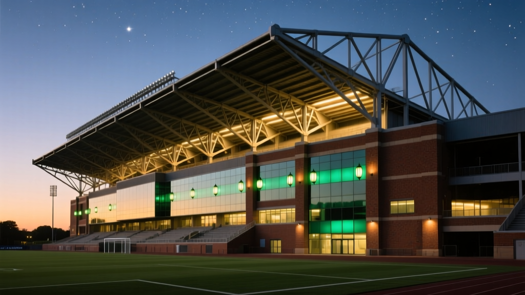 Massive retractable-roof football stadium featuring structural steel trusses, brick facades, and illuminated glass panels at twilight