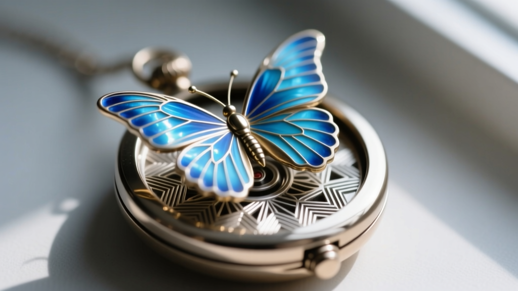 Vivid macro view of translucent blue guilloché enamel on a butterfly locket wing, revealing the engine-turned geometric metal base.